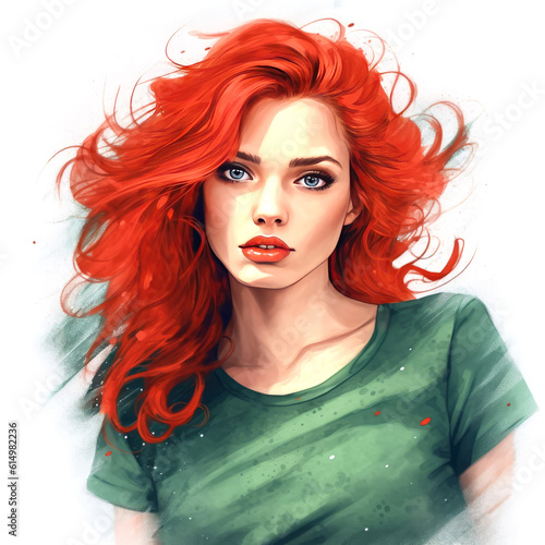 Digital drawing of beautiful young woman with red hair