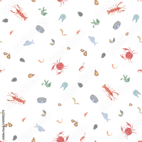 Seamless seafood pattern. Drawn seafood background