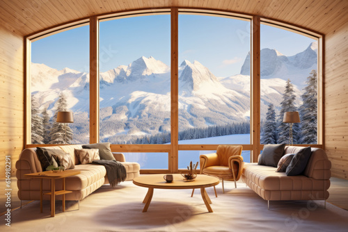 Interior of mountain apartment with large window © Jaroslav Machacek