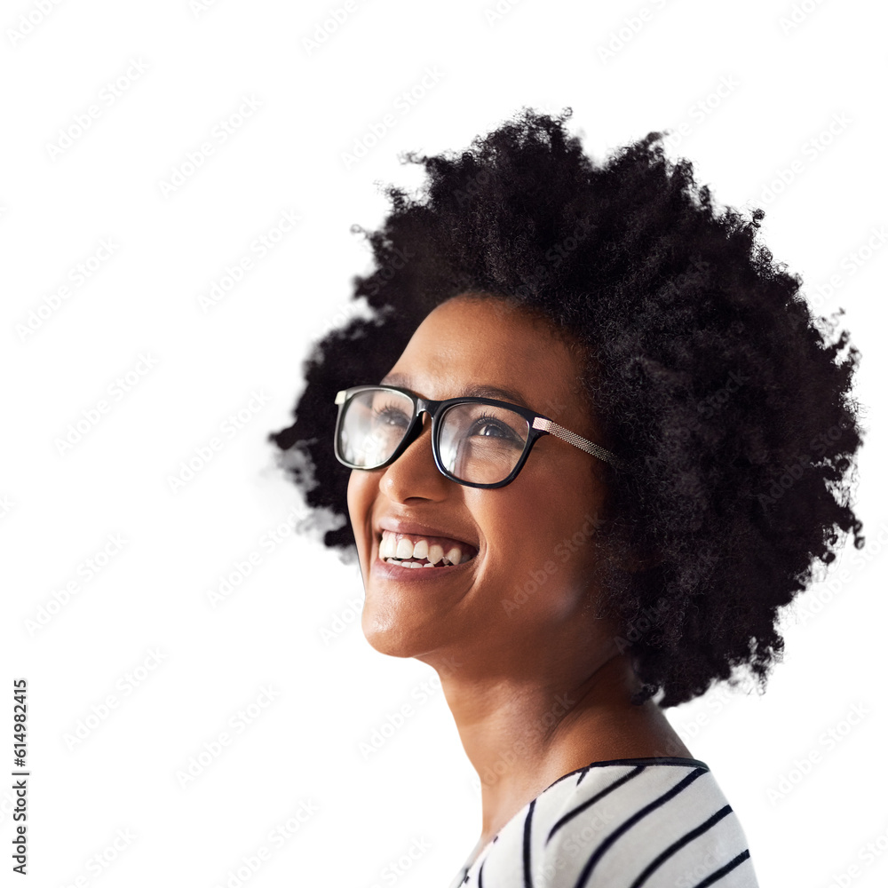 Glasses, thinking and happy woman or student isolated on transparent, png background for college ideas or inspiration. Eye care, vision and smile of african person with university idea and knowledge Glasses, thinking and happy woman or student isolated on transparent, png background for college ideas or inspiration. Eye care, vision and smile of african person with university idea and knowledge