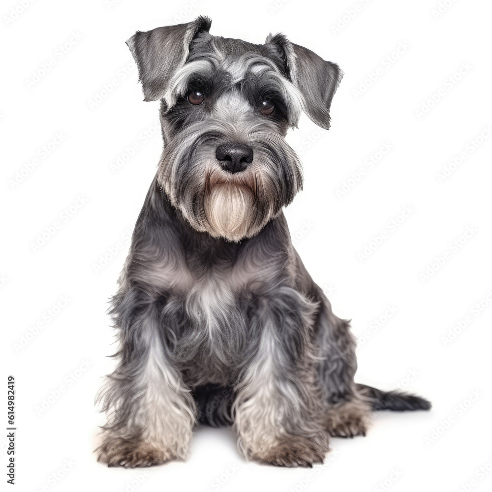 Schnauzer dog sitting isolated on white background, ai generative.