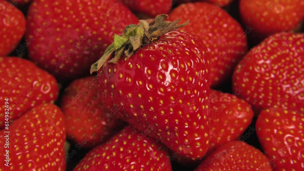 Delicious ripe red strawberries lying on top of other strawberries. The camera rotates around. Parallax effect. Close up. Fresh strawberry background. The concept of healthy and natural food Delicious ripe red strawberries lying on top of other strawberries. The camera rotates around. Parallax effect. Close up. Fresh strawberry background. The concept of healthy and natural food