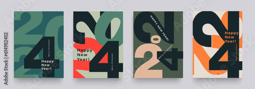 Set Numbers 2024 Year. Happy New Year 2024 and Merry Christmas.  Background Figure in the Green, Black, Red, Orange Colors. Abstract Vector Illustration for the New Year for Banner, Poster, Card.
