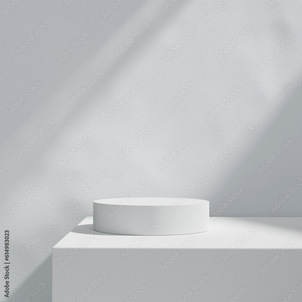 Fototapeta premium Cosmetic display podium stand with white plaster wall background. 3D rendering