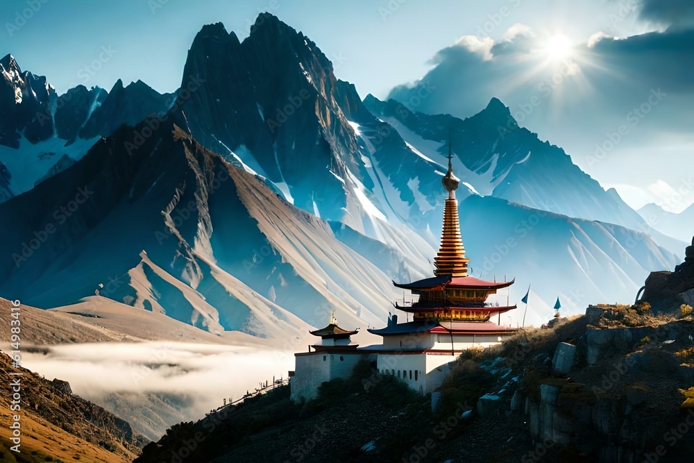 A serene Buddhist monastery nestled in the mountains, with prayer flags fluttering in the breeze