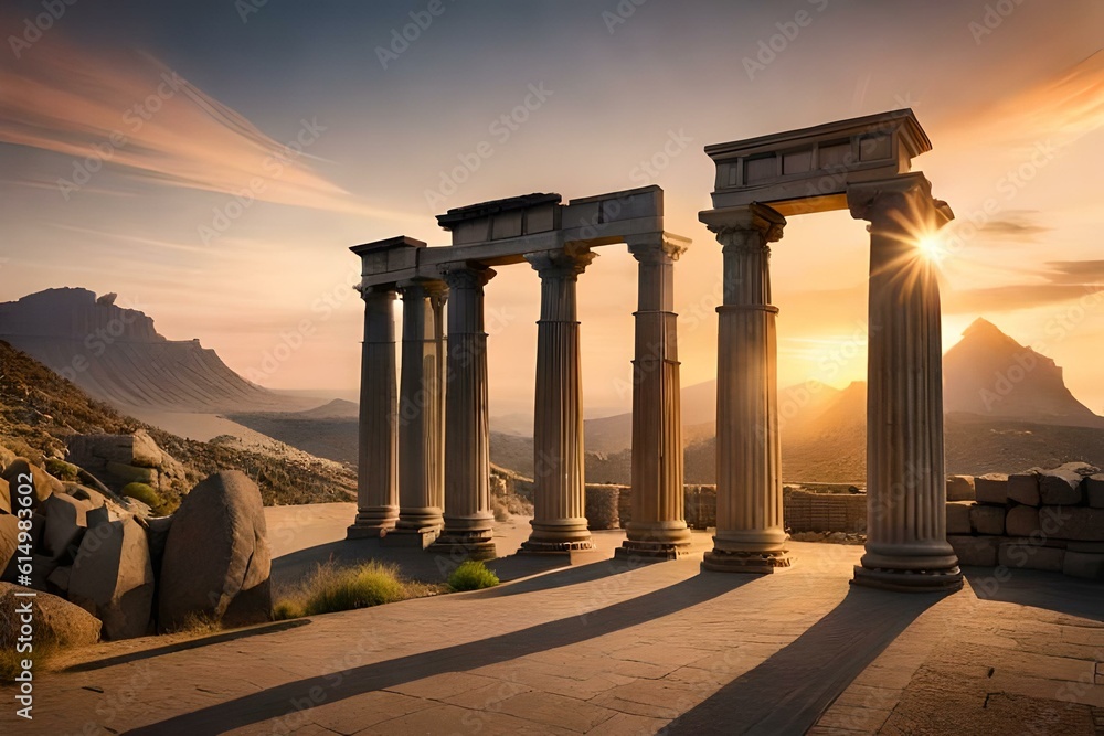 A well-preserved ancient ruins, with remnants of an ancient civilization, such as columns, arches, and statues.