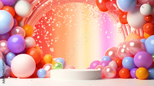 Birthday party stage with colorful balloons arrangement - ai generative