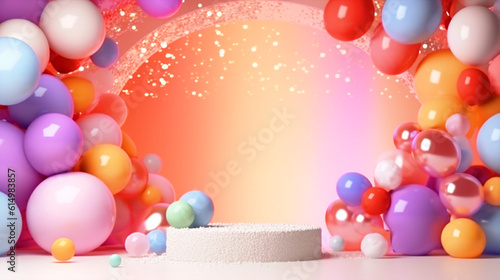 Birthday party stage with colorful balloons arrangement - ai generative
