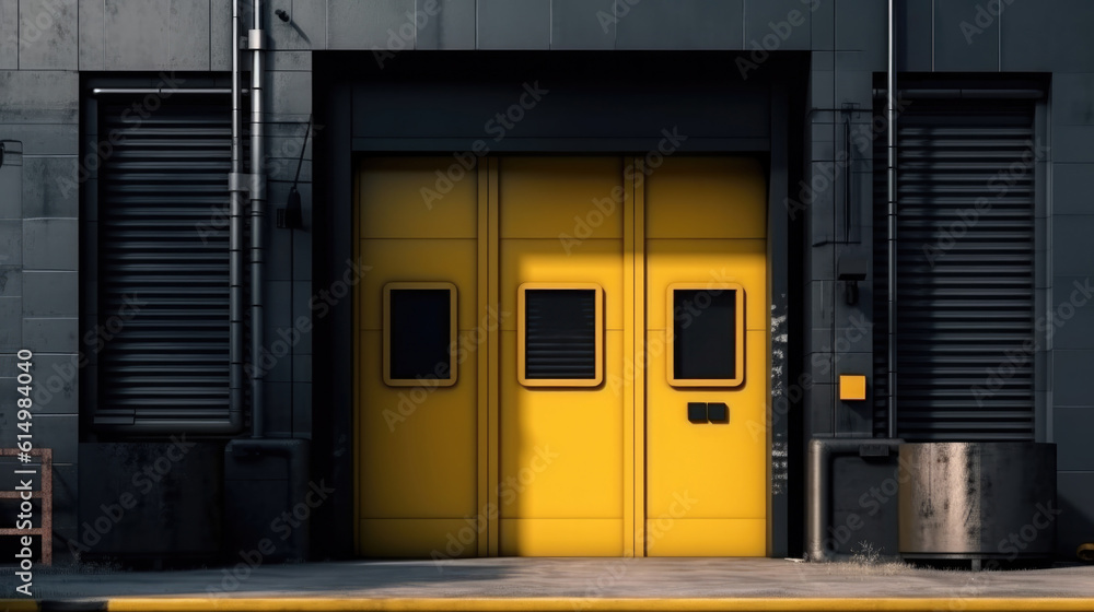 Yellow warehouse door with interesting light. Generative ai Yellow warehouse door with interesting light. Generative ai