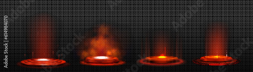 3d circle podiums with neon light. Futuristic stages with red glow effect, rays and smoke. Abstract round pedestals for tech and digital products presentation, vector realistic set