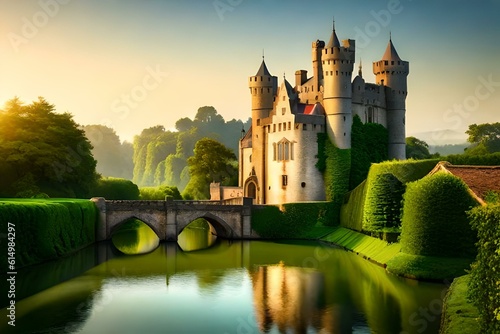 An enchanting medieval castle, partially covered in ivy, surrounded by a tranquil moat and lush gardens.