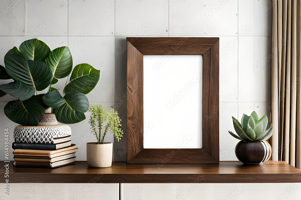 Boho style vertical empty photo frame, dark wood frame mockup, wooden sign mock-up for portrait artwork, bohemian interior, books, plant on white shelf