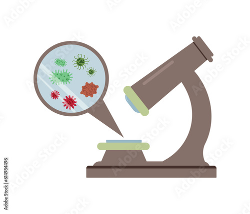 Microorganisms under microscope concept. Vector flat cartoon graphic design illustration