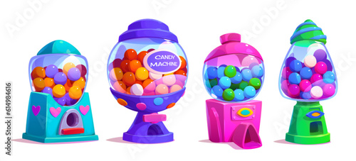 Gashapon candy vending machine toy with gum ball vector. Vintage isolated bubblegum plastic dispenser for random chewing sweet food. Different cartoon full robot of chew bubble with label ui asset