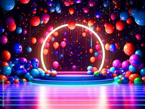Birthday party stage with colorful balloons arrangement - ai generative