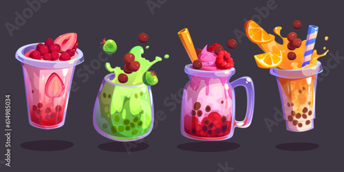 Tea bubble beverage with milk and tapioca vector. Summer boba ice drink in cup with fruit, berries and splash illustration. Isolated delicious milkshake and smoothie dessert clipart for cafe menu.