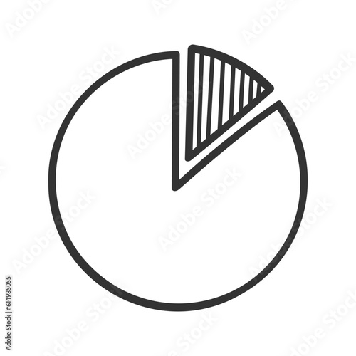 Donut or pie chart in doodle style. Hand drawn round diagram with separated fragment. Circle shape with divided hatched slice. Vector graphic illustration.