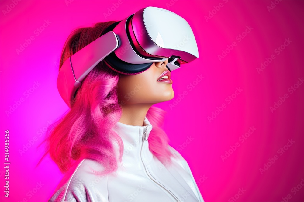 beautiful asian woman wearing virtual reality goggles.Generative Ai beautiful asian woman wearing virtual reality goggles.Generative Ai