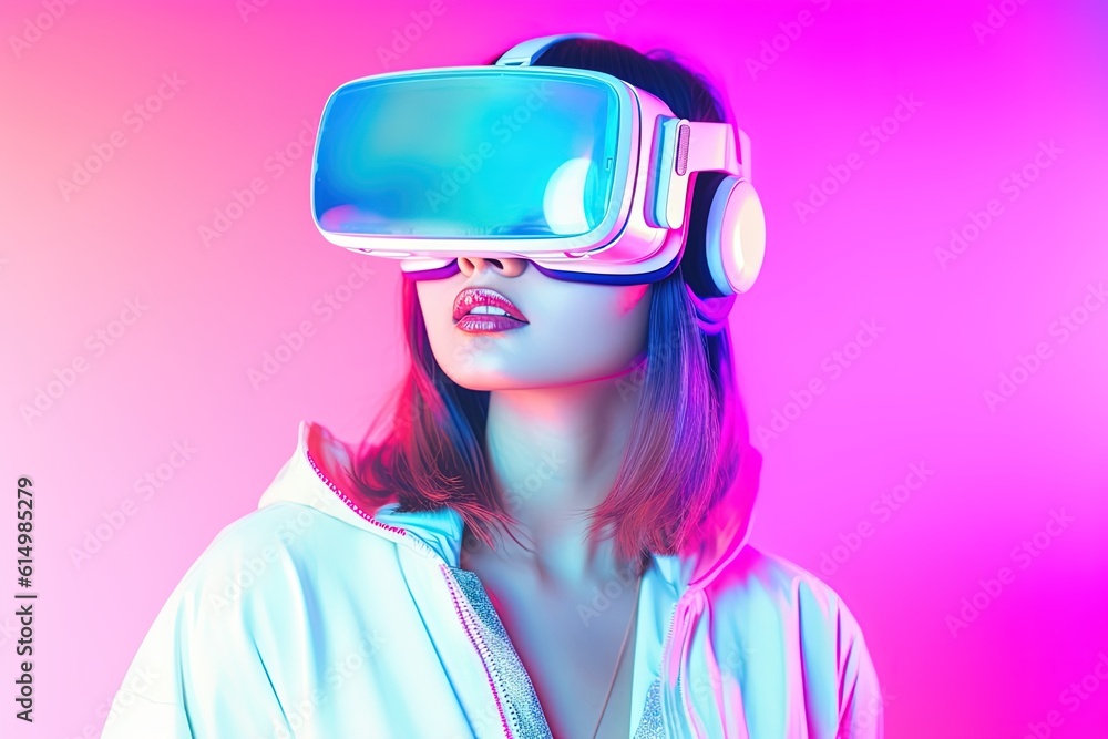 beautiful asian woman wearing virtual reality goggles.Generative Ai beautiful asian woman wearing virtual reality goggles.Generative Ai