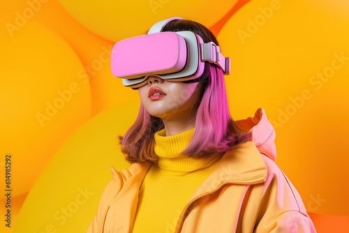 beautiful asian woman wearing virtual reality goggles.Generative Ai