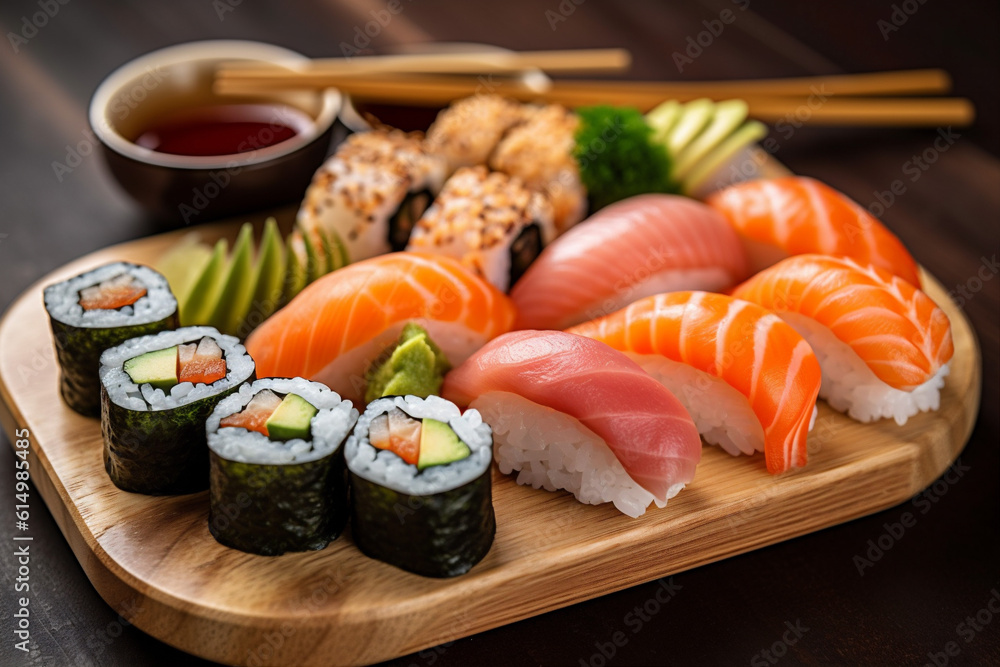 roll sushi set japan seafood fish meal japanese rice food. Generative AI. roll sushi set japan seafood fish meal japanese rice food. Generative AI.