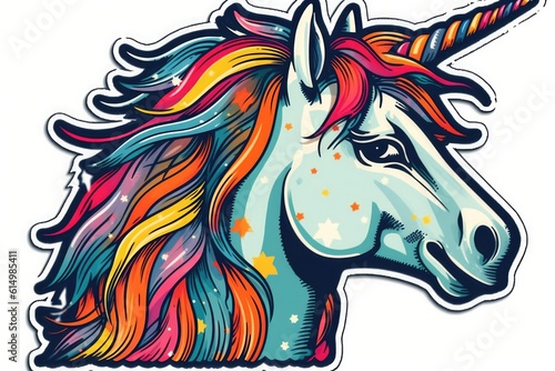 Unicorn sticker with a rainbow background. Generative ai