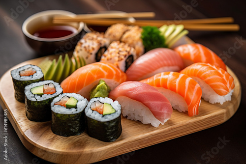 roll sushi set japan seafood fish meal japanese rice food. Generative AI.