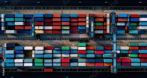 Aerial drone view of rows container in port. Generative AI