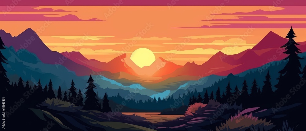 Illustration of dawn in the mountains. A picturesque view of the valley. Generative AI