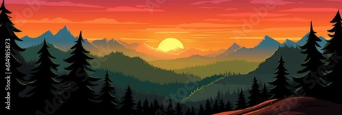 Illustration of dawn in the mountains. A picturesque view of the valley. Generative AI