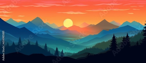 Illustration of dawn in the mountains. A picturesque view of the valley. Generative AI © BraveSpirit