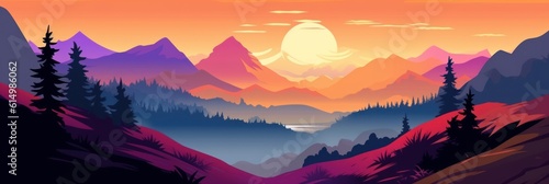 Illustration of dawn in the mountains. A picturesque view of the valley. Generative AI © BraveSpirit