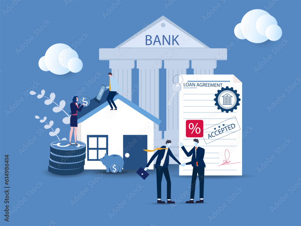 Mortgage loan concept. Home loan, investment with real estate real estate investment contract money buy house man and woman calculate mortgage rates real estate agent. vector illustration. Mortgage loan concept. Home loan, investment with real estate real estate investment contract money buy house man and woman calculate mortgage rates real estate agent. vector illustration.