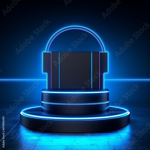 futuristic podium with neon blue lighting for product presentation photo