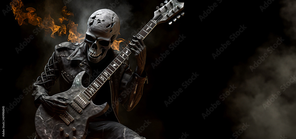 Captivating skeleton rocker shredding an electric guitar, evoking emotions of gothic and rebellious vibes. Perfect for edgy designs and music-related projects. Generative AI