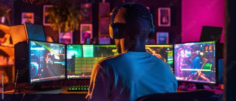 Young black gamer is immersed in computer games with bright neon lighting. Generative AI
