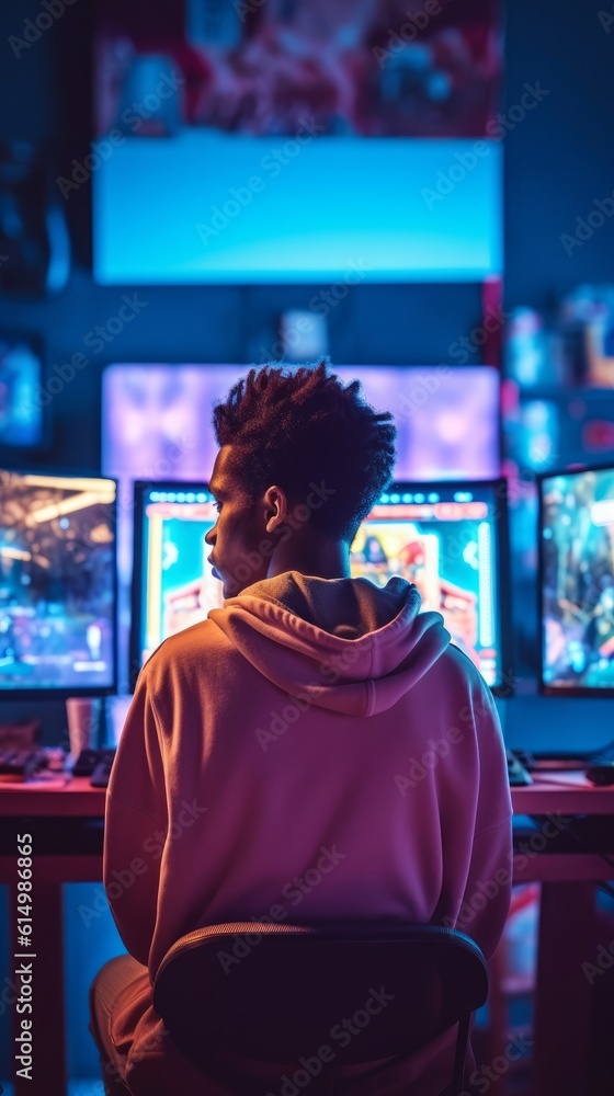 Young black gamer is immersed in computer games with bright neon lighting. Generative AI