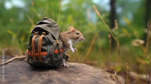 Mouse with a backpack, Cute pet on a trip