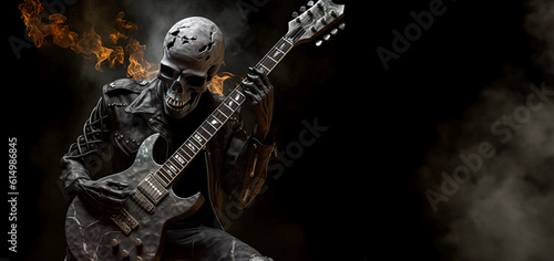 Captivating skeleton rocker shredding an electric guitar, evoking emotions of gothic and rebellious vibes. Perfect for edgy designs and music-related projects. Generative AI