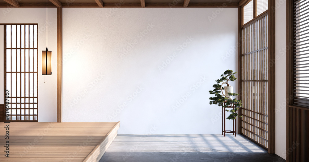 Japan style empty room decorated with white wall and wood slat wall Japan style empty room decorated with white wall and wood slat wall