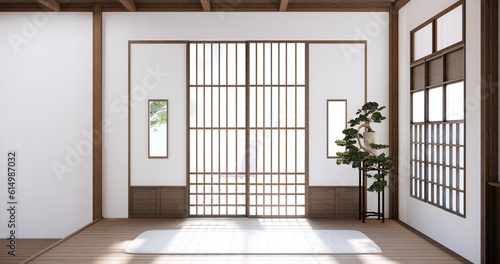 Japan style empty room decorated with floor and wall wooden .