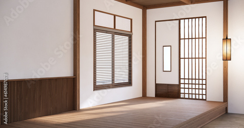 Japan style empty room decorated with white wall and wood slat wall