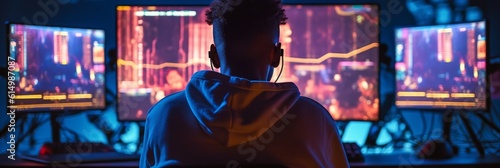 Young black gamer is immersed in computer games with bright neon lighting. Generative AI © BraveSpirit