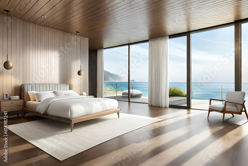serene coastal bedroom with a canopy bed draped in sheer white curtains  a large window overlooking a tranquil beach