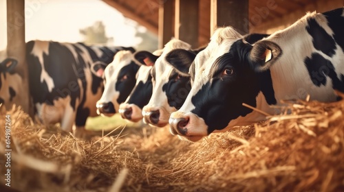 Fényképezés Cow eating hay at cattle farm.