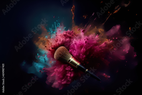 Makeup brush with colorful powder explosion or eyeshadow isolated in dark background Fototapeta