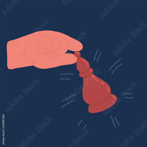 Cartoon vector illustration player hand holds chess knight. Human hand holding chess knight piece for unpredictable, business strategy, strategic move concept.