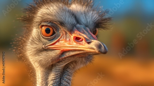 Close up of ostrich head, Bird ostrich with funny look, Big bird from Africa, Long neck and long eyelashes.