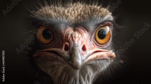 Close up of ostrich head, Bird ostrich with funny look, Big bird from Africa, Long neck and long eyelashes. © visoot