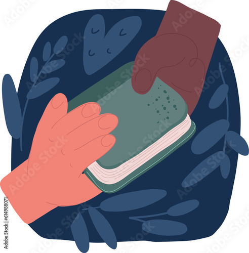 Cartoon vector illustration of Books swap, exchange or crossing. Reading party, school literature event. Hand gives book to friend. Read books lovers. College education. Bookworm, bookstore, library